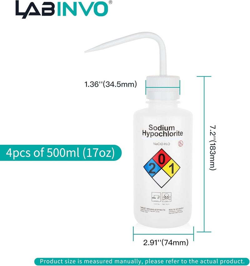 LINVO 4pcs of Sodium Hypochloride Wash Bottles, Vol.500ml (17oz), Narrow Mouth, Self-Venting Safety Wash Bottles, LDPE Material, IN-WBS500 - Image 2
